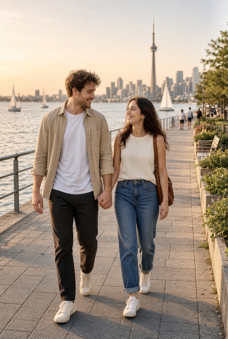 Couple walking together on the Toronto waterfront