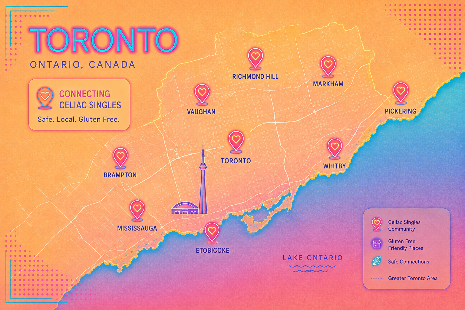 CeliacSingles GTA map showing Toronto-area locations